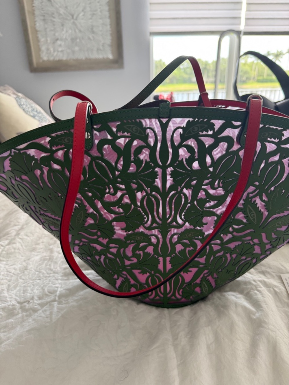 Designer tote  Green Laser-Cut Tote with Pink Lining and Red Handles
